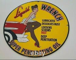 Vintage Liquid Wrench Porcelain Gas Motor Oil Lubrication Service Station Sign