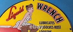 Vintage Liquid Wrench Porcelain Gas Service Station Pump Plate Pinup Girl Sign