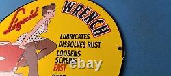 Vintage Liquid Wrench Porcelain Gas Service Station Pump Plate Pinup Girl Sign