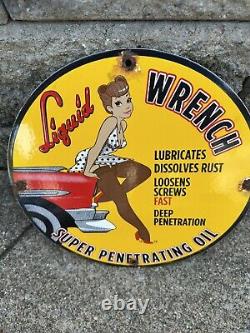 Vintage Liquid Wrench Porcelain Sign Auto Wrench Gas Service Garage Shop Sign