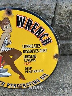 Vintage Liquid Wrench Porcelain Sign Auto Wrench Gas Service Garage Shop Sign
