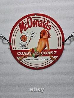 Vintage MC Donald's Porcelain Pinup Girl Gas Oil Garage Service Pump Plate Sign