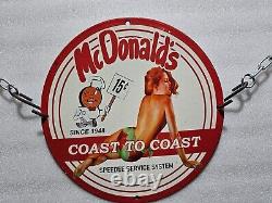 Vintage MC Donald's Porcelain Pinup Girl Gas Oil Garage Service Pump Plate Sign