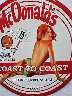 Vintage MC Donald's Porcelain Pinup Girl Gas Oil Garage Service Pump Plate Sign