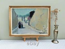 Vintage MID Century Modernist Swedish Framed Oil Painting Street Scene Walk