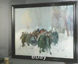 Vintage MYSTERY Russian Modernist Brutalist Oil Painting Figures Snow Forest