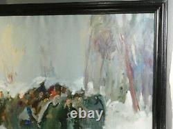 Vintage MYSTERY Russian Modernist Brutalist Oil Painting Figures Snow Forest