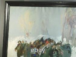 Vintage MYSTERY Russian Modernist Brutalist Oil Painting Figures Snow Forest