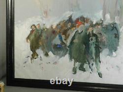 Vintage MYSTERY Russian Modernist Brutalist Oil Painting Figures Snow Forest