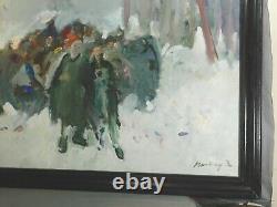 Vintage MYSTERY Russian Modernist Brutalist Oil Painting Figures Snow Forest