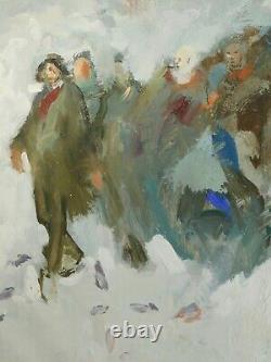 Vintage MYSTERY Russian Modernist Brutalist Oil Painting Figures Snow Forest