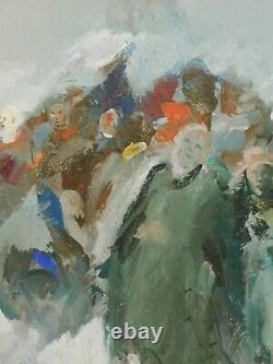 Vintage MYSTERY Russian Modernist Brutalist Oil Painting Figures Snow Forest