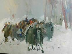 Vintage MYSTERY Russian Modernist Brutalist Oil Painting Figures Snow Forest