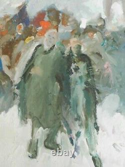 Vintage MYSTERY Russian Modernist Brutalist Oil Painting Figures Snow Forest