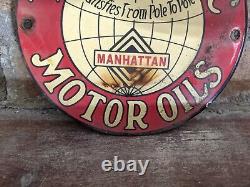 Vintage Manhattan Motor Oils Porcelain Gas Station Fuel Motor Oil Door Sign 6