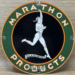 Vintage Marathon Gasoline Porcelain Sign Gas Station Pump Plate Motor Oil Run