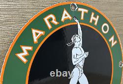 Vintage Marathon Gasoline Porcelain Sign Gas Station Pump Plate Motor Oil Run