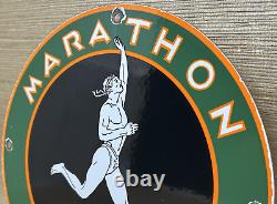 Vintage Marathon Gasoline Porcelain Sign Gas Station Pump Plate Motor Oil Run