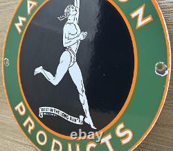 Vintage Marathon Gasoline Porcelain Sign Gas Station Pump Plate Motor Oil Run