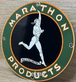 Vintage Marathon Gasoline Porcelain Sign Gas Station Pump Plate Motor Oil Run