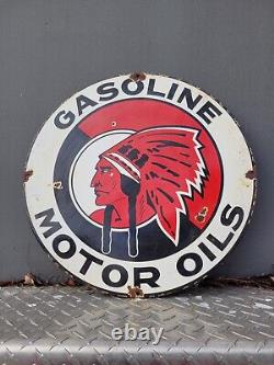 Vintage Mccoll Frontenac Porcelain Sign Gas Garage Mohawk Red Indian Engine Oil