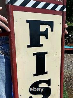 Vintage Metal 1948 Vertical Fisk Tires Sign Gasoline Gas Oil With Child Graphics