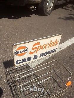Vintage Metal Gulf Car Home Oil Can Display Rack With Metal Sign Gas Gasoline