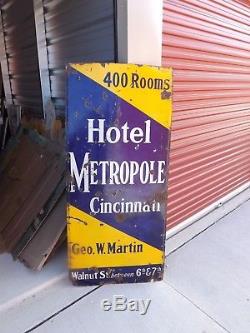 Vintage Metropole Hotel Cincinnati Ohio Curved Lighthouse Porcelain Sign GAS OIL