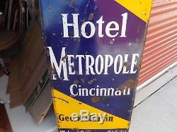 Vintage Metropole Hotel Cincinnati Ohio Curved Lighthouse Porcelain Sign GAS OIL