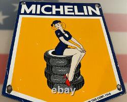 Vintage Michelin Tires Porcelain Sign Pin Up Girl Bibendum Gas Station Motor Oil