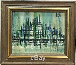 Vintage Mid Century Modern Abstract Geometric Cityscape Oil Painting 1960s