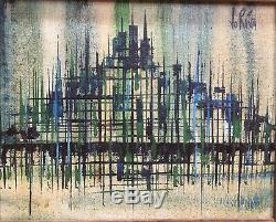 Vintage Mid Century Modern Abstract Geometric Cityscape Oil Painting 1960s