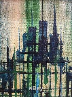 Vintage Mid Century Modern Abstract Geometric Cityscape Oil Painting 1960s