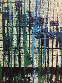 Vintage Mid Century Modern Abstract Geometric Cityscape Oil Painting 1960s