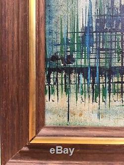 Vintage Mid Century Modern Abstract Geometric Cityscape Oil Painting 1960s