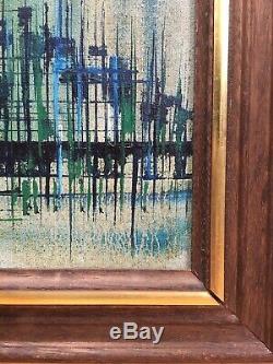 Vintage Mid Century Modern Abstract Geometric Cityscape Oil Painting 1960s