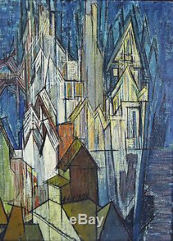 Vintage Mid-Century Modern Cubist European Cityscape Oil Painting signed Hartman