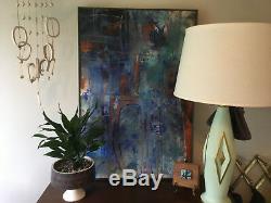 Vintage Mid Century Modern Large Abstract Oil Cloth Mixed Painting Signed