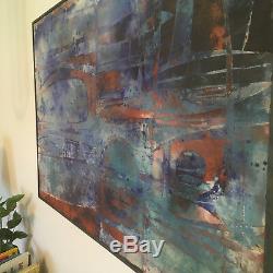 Vintage Mid Century Modern Large Abstract Oil Cloth Mixed Painting Signed