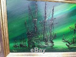 Vintage Mid Century Modern OIL PAINTING Nautical Ships SIGNED MONTI 51 x 28