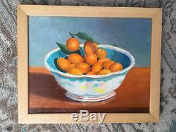 Vintage Mid Century Modern Orange Teal Surreal Still Life Oil Painting- Signed