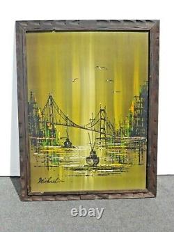 Vintage Mid Century Painting Oil on Board San Francisco Bridge Signed Michael