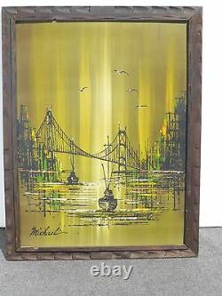 Vintage Mid Century Painting Oil on Board San Francisco Bridge Signed Michael