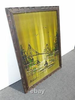 Vintage Mid Century Painting Oil on Board San Francisco Bridge Signed Michael