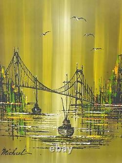 Vintage Mid Century Painting Oil on Board San Francisco Bridge Signed Michael