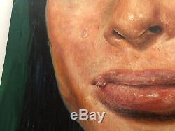Vintage Mid Century Portrait Oil Painting Beautiful Crying Girl Sad Signed 1216