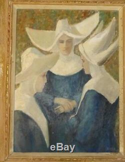 Vintage Mid Century Signed Oil Painting Three Nuns in Coronet Habit