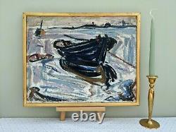 Vintage Midcentury Modernist Expressionist Swedish Framed Oil Painting Moored