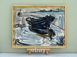 Vintage Midcentury Modernist Expressionist Swedish Framed Oil Painting Moored