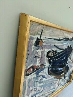 Vintage Midcentury Modernist Expressionist Swedish Framed Oil Painting Moored